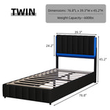 REVOMINCA Twin Upholstered Bed Frame with LED Lights, Faux Leather Platform Bed with Headboard and Wooden Slats Support, No Box Spring Needed, Noise-Free, Easy Assembly, Black