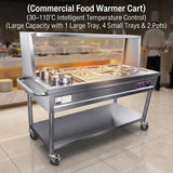 Stainless Steel Commercial Food Warmer, 5 Pans + 2 Pots Server with Lockable Wheels & Undershelf, 30°C-110°C Adjustable Temp Steam Table for Buffet Catering, Party, Restaurant & Hotel