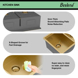 Beslend 30 Inch Gold Undermount Kitchen Sink, 30x19 50/50 Double Bowl Workstation Sink, 16 Gauge T304 Heavy Duty Stainless Steel Low Divide Golden Kitchen Sink with Gold Accessories