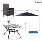 PHI VILLA 5pc Patio Dining Set with Umbrella, Square Table, Rattan Chairs