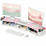 OPNICE Desk Organizers and Accessories, Dual Monitor Stand Riser with Drawer and 2 Pen Holders, Desk Shelf Printer Stand for Office Workspace Organizers, Desktop Organization (Pink-White)