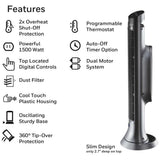 Honeywell Digital Ceramic Tower Heater, 1500 Watt, Oscillating Ceramic Space Heater with Thermostat, Two Heat Settings, Medium Room, Black