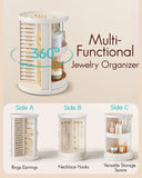Vlando 360°Rotating Jewelry Box,Earring Organizer Large Vertical Jewelry Organizer with 6 Necklace Hooks, Open Ring Display Storage for Women - Cream White