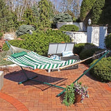 Sunnydaze Rope Hammock with Stand for Outside- 275-Pound Capacity - Includes 12-Foot Hammock Stand, Spreader Bar, Pad, and Pillow - Green & White Stripe