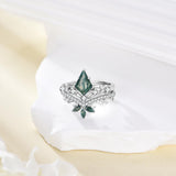 Oseew Natural Moss Agate Ring for Women 2CT Kite Cut 2 Pieces Engagement Ring Set 10K/14K/18K Solid Gold/Sterling Silve Personalized Wedding Leaf Vintage Bridal Promise Ring for Women (Style 1
