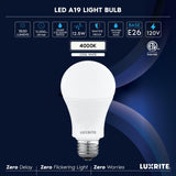 LUXRITE A19 LED Light Bulb 100 Watt Equivalent, 4000K Cool White, 1500LM, Non-Dimmable, Standard LED Light Bulbs, 12.5W, E26 Base, Enclosed Fixture Rated, Damp Rated, ETL Listed (96 Pack)