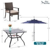 PHI VILLA 5pc Patio Dining Set with Umbrella, Square Table, Rattan Chairs