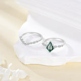 Oseew Natural Moss Agate Ring for Women 2CT Kite Cut 2 Pieces Engagement Ring Set 10K/14K/18K Solid Gold/Sterling Silve Personalized Wedding Leaf Vintage Bridal Promise Ring for Women (Style 2
