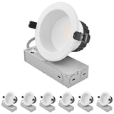 LUXRITE 4" Inch Commercial LED Recessed Light with J-Box, 5 CCT Options 2700K-5000K, 3 Wattages 12/16/20W, 0-10V TRIAC Dimmable, CRI90, 1200/1600/2000 Lumens, 120-277V, Wet Rated, IC Rated (6 Pack)
