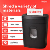 Staples 15-Sheet Cross Cut Paper Shredder for Home Office, P-4 Security, 20-Min Run Time, Shreds Paper