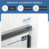 Bathtub Shower Door - 58-60" W×59" H Adjustable Aluminum Frame - 1/4 Tempered Glass - 4 Aluminum Rollers - Sliding Glass Door for Tub