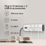 Belkin USB Power Strip Surge Protector - 12 AC Multiple Outlets & 2 USB Ports - 6 ft Long Flat Plug Extension Cord for Home, Office, Travel, Computer Desktop & Charging Brick - White (3,996 Joules)...