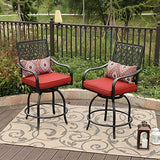 Sophia & William Outdoor Swivel Bar Stools Set of 2 Patio Bar Height Bistro Dining Chairs, All-Weather Metal Furniture Set with Armrest and Red Cushion for Garden Lawn Backyard