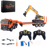 Ailejia RC Semi Truck Toy & RC Excavator Toy Set, Flattrailer Heavy Duty Trailer Tractor Truck 2.4Ghz Remote Control Construction Toys Vehicles with Lights, Birthday Gifts Ideas for Boys