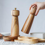 DeroTeno Salt and Pepper Mill Set with Tray, Adjustable Ceramic Grinder Salt Mill, Stainless Steel Grinder Pepper Mill, Acacia Wood, 20.5 cm/ 8 Inch Height, Bottom Dia 6 cm /2.36 inch