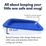 King Koil Luxury Toddler Inflatable Child Airbed, Travel Bed with Built-in Safety Bumper, Portable Air Mattress for Kids, Includes High-Speed Pump - Blue