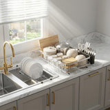 GSlife Large Capacity Expandable Dish Drying Rack with Absorbent Mat, 2-Piece Stainless Steel Dish Drainer Set for Counter with Removable Over Sink Rack, Family Size 15" W x 16.5"-21.5" L, Silver