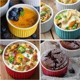 Ramekins set - Creme Brulee Making Kit - COLORED 6 Porcelain Ramekins 6 Oz With Silicone Lids - 304 Stainless Steel Lifting Rack And 9.5" X 14" Baking Pan - Oven Safe