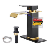 KUZOR Black and Gold Waterfall Bathroom Sink Faucet with Pop Up Drain