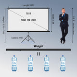 Outdoor Projector Screen with Stand Tripod, Indoor Pull Up Portable Projector Screen, 80 INCH 16:9 SCREENMAX