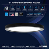 LUXRITE 9 Inch LED Flush Mount Ceiling Light, LED Surface Mount, 5CCT 2700K-5000K, 1500 Lumens, CRI90, 110° Beam Angle, 18 Watt, Dimmable, Wet Rated & UL Listed, Round Slim + Black Trim (6 Pack)