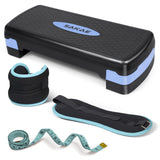 Aerobic Step Platform Set with Ankle Weights & Measuring Tape, Exercise Steppers for Home Gym Exercise Fitness, Adjustable Height 2 Level Risers Workout Step Platform Trainer, Blue Black
