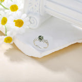 Oseew Natural Moss Agate Ring for Women 10K/14K/18K Solid Gold/Sterling Silve Round Cut Green Moss Agate Engagement Ring Personalized Wedding Promise Ring for Women(Silver)