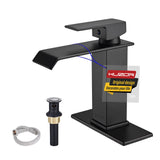 KUZOR Matte Black Waterfall Bathroom Faucet – Single Hole 304 Stainless Steel Sink Faucet with Metal Pop-Up Drain, Low-Profile Design for Modern Vanities