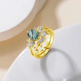 1.5 ct Moss Agate Engagement Ring Set Ovel shape Moss Agate Wedding Ring Set Gold For Valentines day Chirstomas (yellow gold)