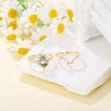 Oseew 2 pcs Vintage Unique Green Stone Wedding Ring 10k gold Natural Moss Agate Ring Set Natural Moss Agate Ring For women with teardrop design Mother's Day Valentine's Gift