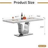 Maotifeys White Marble Dining Table for 6 Modern Luxury Faux Marble Kitchen Table for 4-6, 68" Large Dining Room Tables with U-Shape Silver Stainless Steel Base