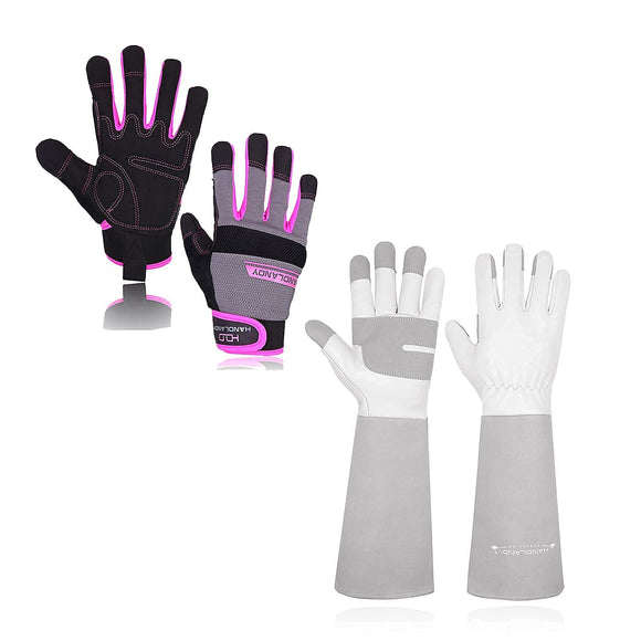 2 Pairs Utility Mechanic Working Gloves for Women, Long Gardening Yard Gloves - Pink, Grey, Small