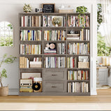 HOSTACK 71" Tall Triple Wide Bookshelf with Storage Drawers & Doors, Grey