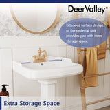 DeerValley Dynasty 23x19 Inch White Pedestal Sink, Ceramic Bathroom Sink with Overflow and Backsplash, DV-1P522