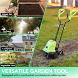 LOVTILLER 12 Inch Small Electric Corded Garden Tiller Cultivator 15 AMP Power Rototiller for Gardening with Adjustable Wheels