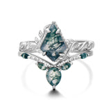 Oseew Natural Moss Agate Ring for Women 2CT Kite Cut 2 Pieces Engagement Ring Set 10K/14K/18K Solid Gold/Sterling Silve Personalized Wedding Leaf Vintage Bridal Promise Ring for Women