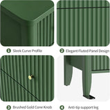 Fatmok Fluted 3 Drawer Dresser for Bedroom Set of 2, 34" Wide Chest of Drawers, Modern Wood Nightstand End Table with Metal Handles, Striped Storage Cabinet for Living Room, Hallway, Entryway, Green