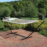 Sunnydaze Rope Hammock with Stand for Outside- 275-Pound Capacity - Includes 12-Foot Hammock Stand, Spreader Bar, Pad, and Pillow - Blue and Green Chevron