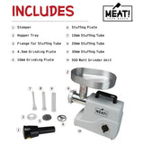 MEAT! 500 Watt Pro-Grade Meat Grinder #12 with Electric Motor, Coarse and Fine Grinding Plates, Stuffing Tubes, For Meat Grinding, Sausage Stuffing, and Meat Processing