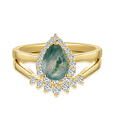 Oseew 2 pcs Vintage Unique Green Stone Wedding Ring 10k gold Natural Moss Agate Ring Set Natural Moss Agate Ring For women with teardrop design Mother's Day Birthday gift