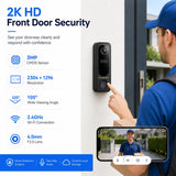 Zoomcritter Wireless Video Doorbell Camera, 2K 3MP HD Doorbell Camera with PIR Motion Detection, Two-Way Audio, Night Vision, Battery Powered, 2.4GHz WiFi, IP65 Weatherproof, Black