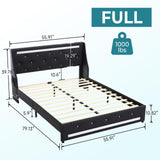 Holiway Full Size Bed Frame with LED Lights and Charging Station, Wingback Upholstered Headboard with Diamond Tufted, Solid Wooden Slats Support, Noise-Free, Easy Assembly, Black