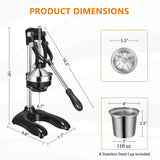 TONGCHANT XXL Cast Iron Juicer Hand-Press for Orange Lemon Lime Pomegranate Grapefruit Citrus with Dual Pattern & Stainless Steel Cup, Heavy-Duty Manual Juicer for Large fruits, Black