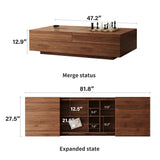 Mid-Century Modern Expandable Coffee Table, 47.2"-81.8" Adjustable Walnut Center Table with Large Hidden Storage for Living Room