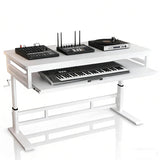 Height Adjustable Music Studio Desk with Keyboard Tray – Standing Computer Workstation with Cable Management, MIDI Shelf & Metal Legs for Recording, Production, Home Office(White+White,70in)