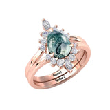 Oseew Custom Moss Agate Ring set Engraving Text Moss Agate promise Ring Set 10k gold Teardrop Moss Agate Stone