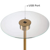 Possini Euro Design Volta Mid Century Modern Arched Floor Lamp with USB Charging Port Glass Tray Table 66" Tall Antique Brass Gold Metal White Linen Drum Shade Living Room Reading House Bedroom