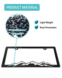 NJNYLLC Mountain License Plate Frames - Plastic Car Tag Holders with Raised Mountain Design, White on Black, 2 Pack 2 Hole with Screws & Caps, Mountain Vinyl Sticker Included