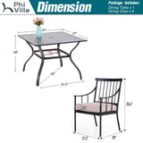 PHI VILLA 5-Piece Patio Dining Set, 37" Square Steel Table, Fixed Chairs