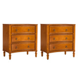 HULALA HOME 3 Drawer End Tables Set of 2 with Charging Station, 26" Wide Endtables with Solid Wood Legs and Curved Profile, Classic Side Tables for Living Room, Acorn